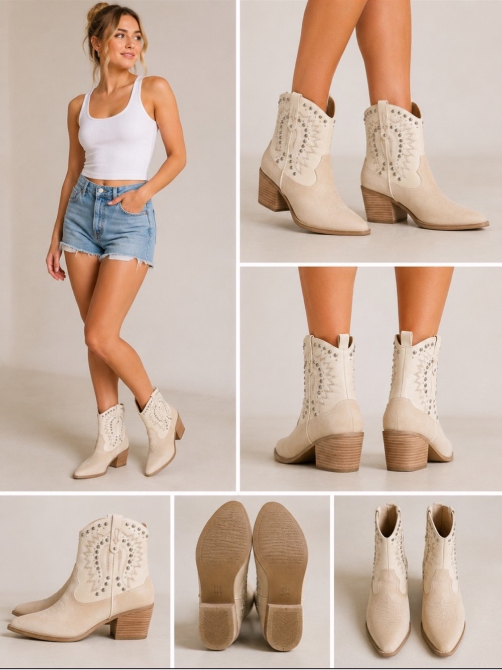 Dolce Vita Alexie Studded Western Ankle Boots Cream Ivory Women’s Cowboy size 9